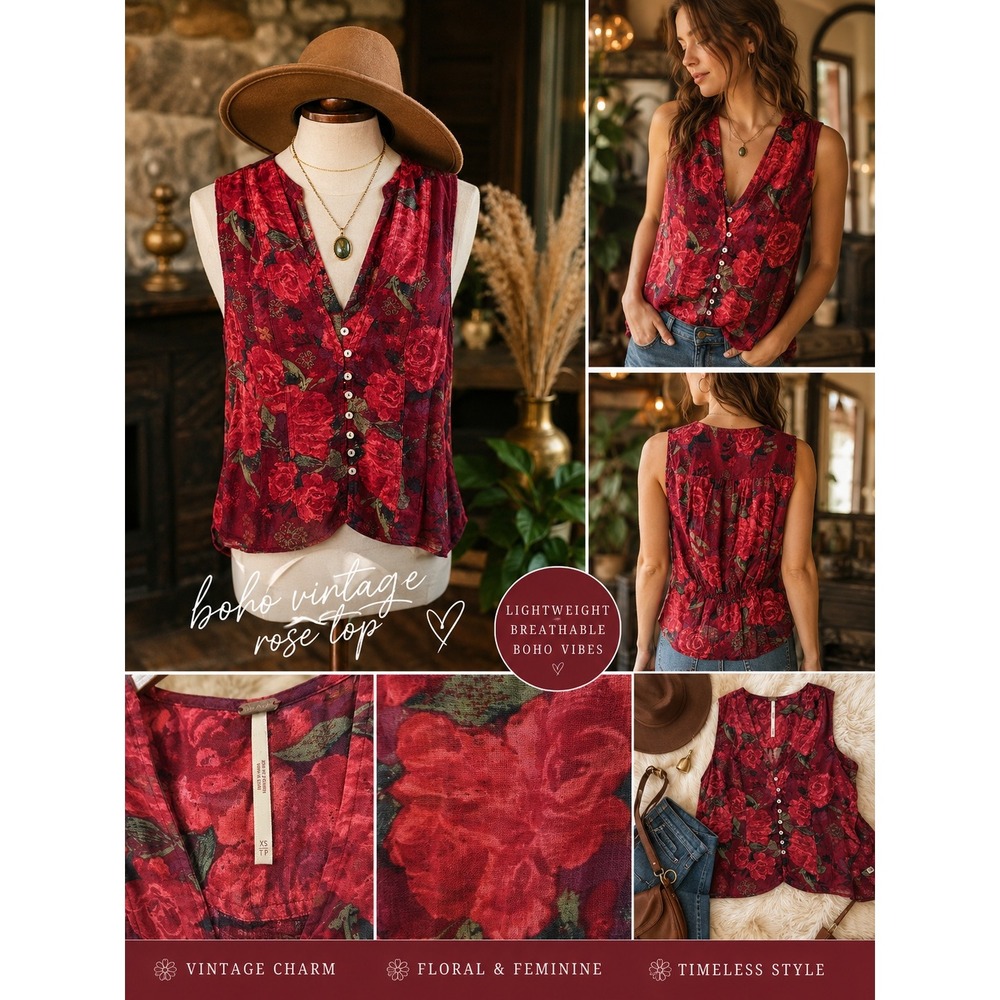 We The Free Floral Rose Print  Boho Blouse XS | Button Front Peplum Top